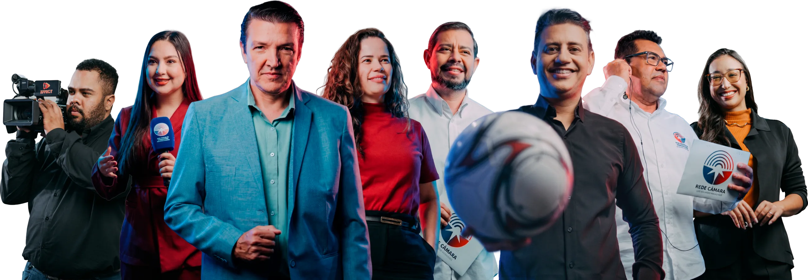 Equipe completa de apresentadores, repórteres e cinegrafista da Rede Câmara